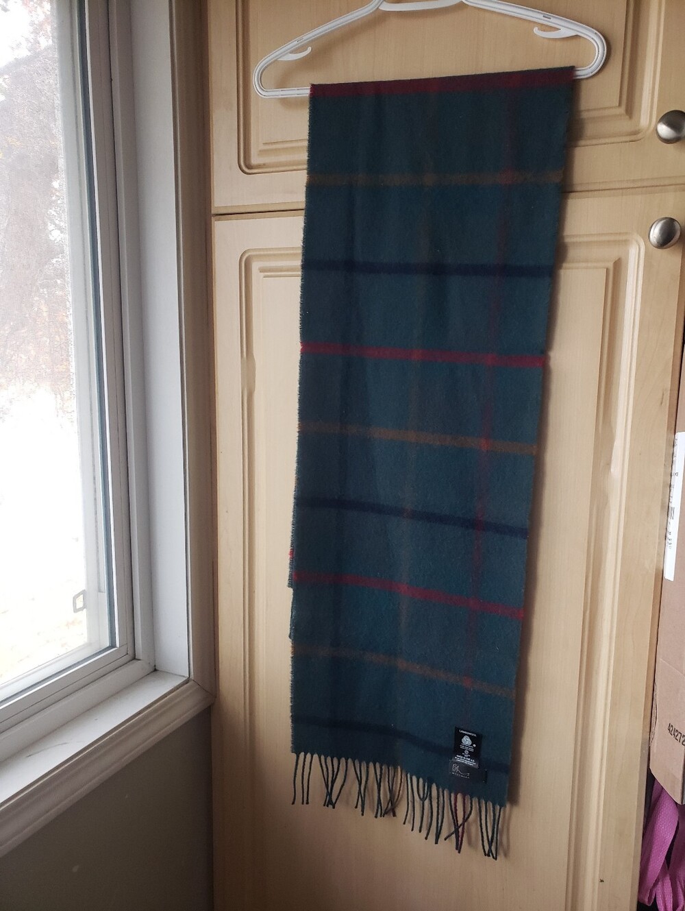 Dark Teal Plaid Men's Pure Lambswool  Scarf with Fringe